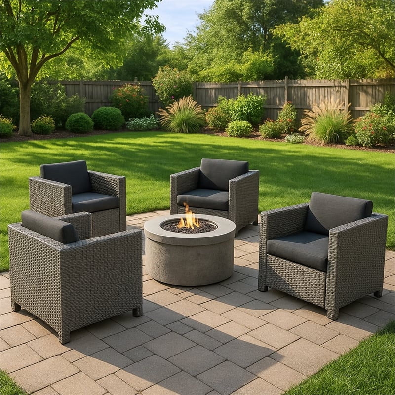 Elza Outdoor Accent Chair Set of 4- Rattan Wicker- Charcoal Gray Seat