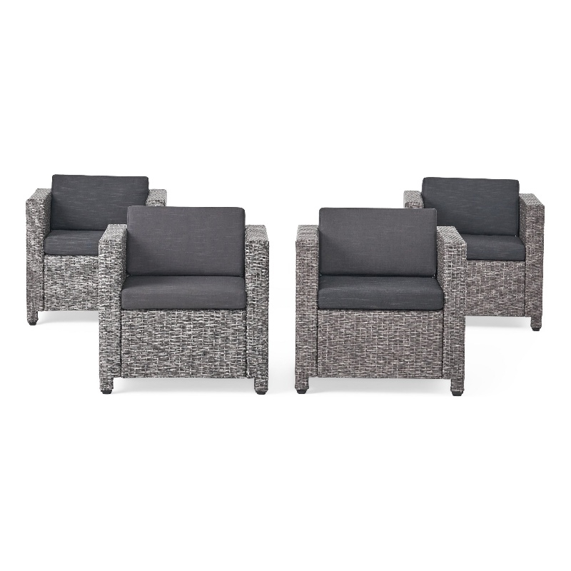 Elza Outdoor Accent Chair Set of 4- Rattan Wicker- Charcoal Gray Seat
