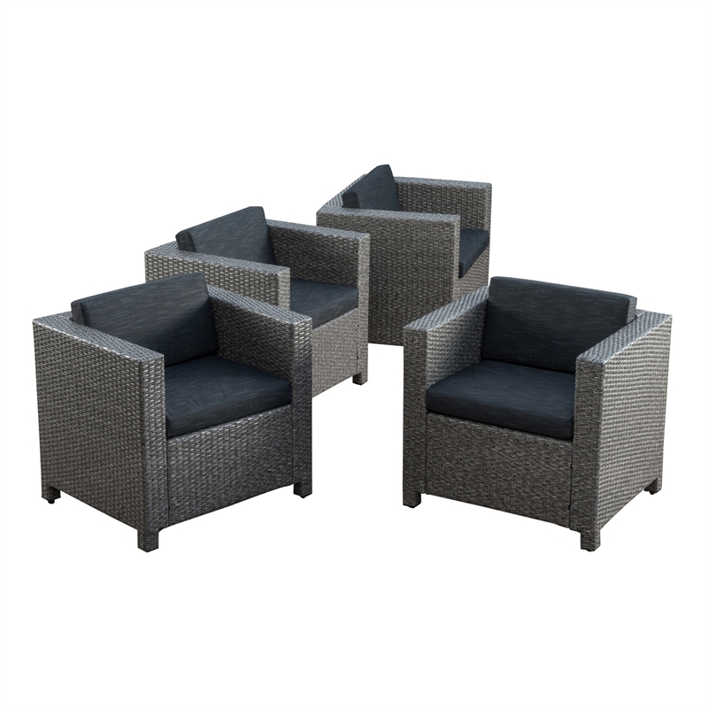 Elza Outdoor Accent Chair Set of 4- Rattan Wicker- Charcoal Gray Seat