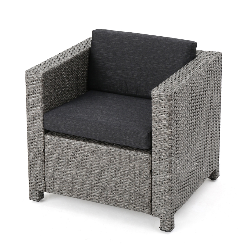 Elza Outdoor Accent Chair Set of 4- Rattan Wicker- Charcoal Gray Seat
