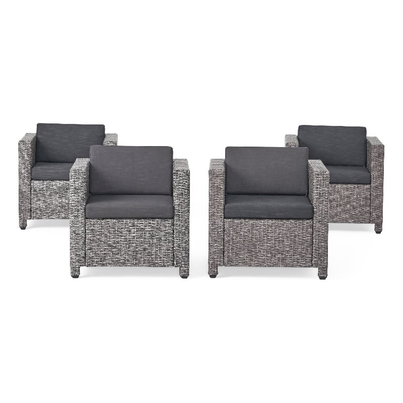 Elza Outdoor Accent Chair Set of 4- Rattan Wicker- Charcoal Gray Seat