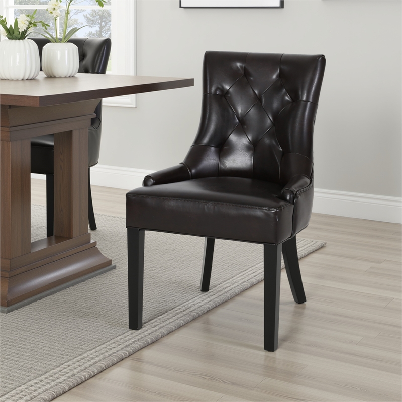 Chen Dining Chair Set of 2- Sloped Arms- Tufted Brown Faux Leather