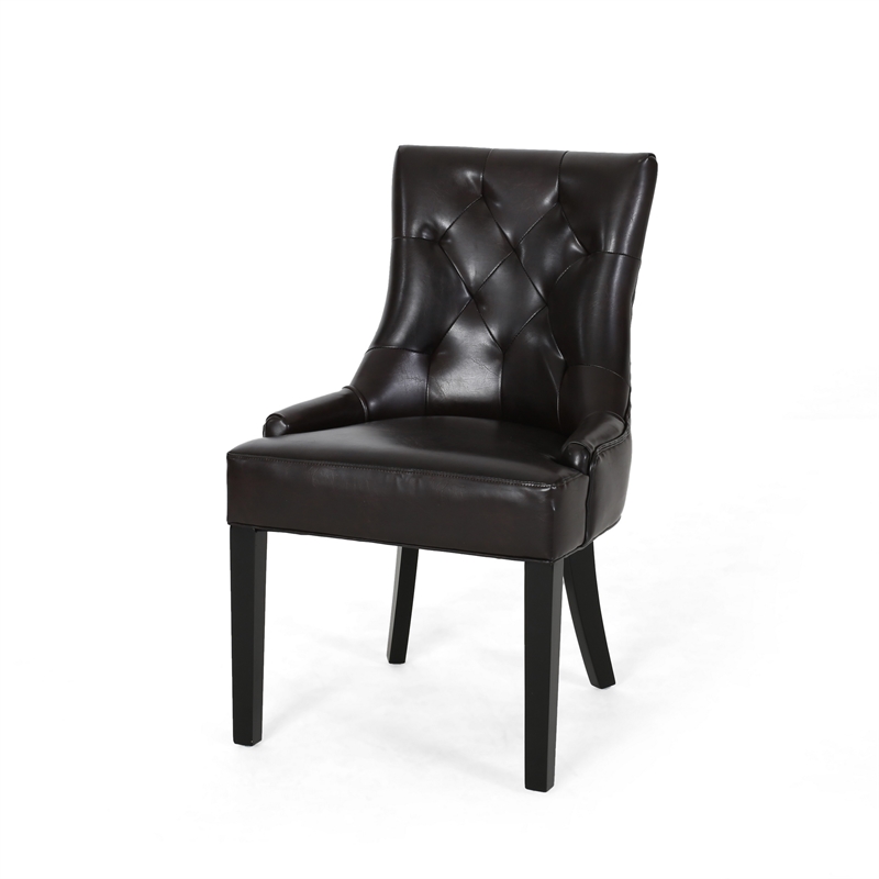 Chen Dining Chair Set of 2- Sloped Arms- Tufted Brown Faux Leather