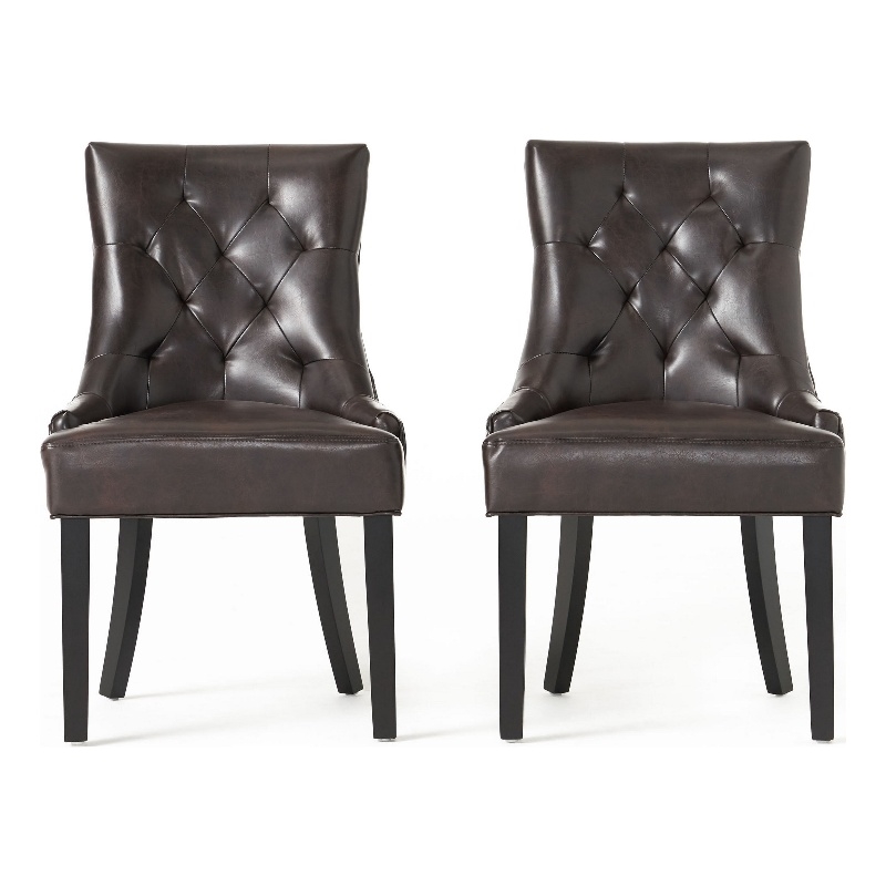 Chen Dining Chair Set of 2- Sloped Arms- Tufted Brown Faux Leather