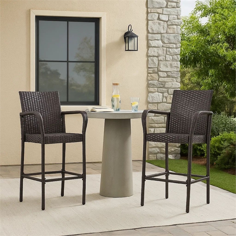 Outdoor Barstool Chair Set of 2- Gray PE Rattan Woven- Iron Frame