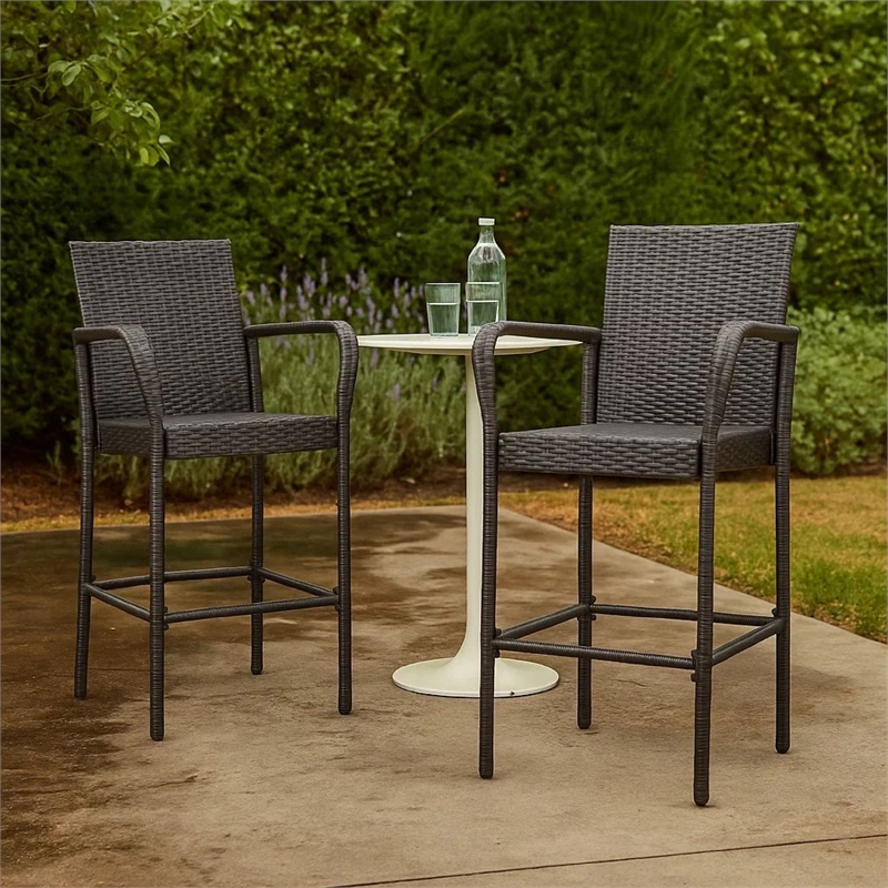 Outdoor Barstool Chair Set of 2- Gray PE Rattan Woven- Iron Frame