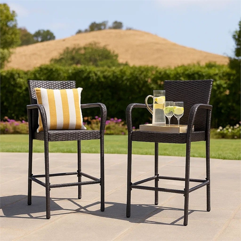 Outdoor Barstool Chair Set of 2- Gray PE Rattan Woven- Iron Frame