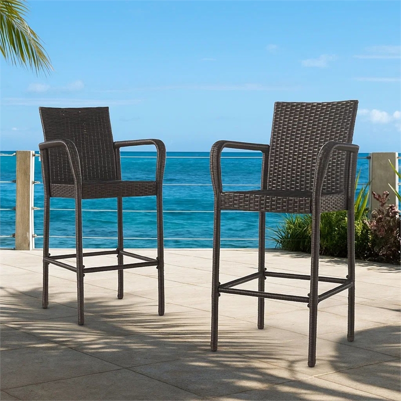 Outdoor Barstool Chair Set of 2- Gray PE Rattan Woven- Iron Frame