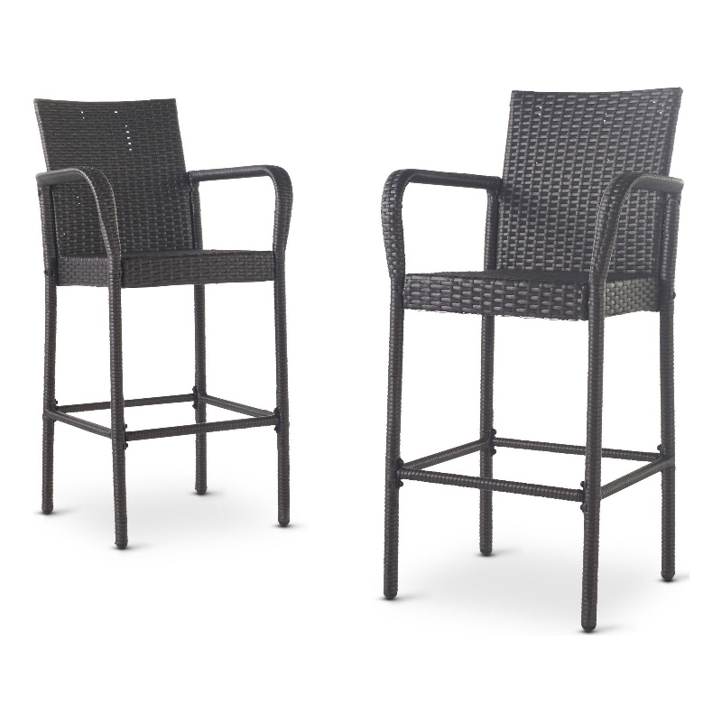 Outdoor Barstool Chair Set of 2- Gray PE Rattan Woven- Iron Frame