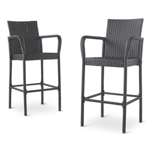 Outdoor Barstool Chair Set of 2- Gray PE Rattan Woven- Iron Frame
