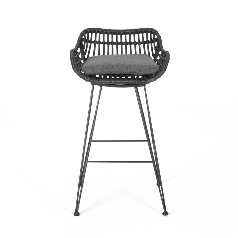 Outdoor Barstool Chair Set of 2- Low Back Woven Design- Gray and Black