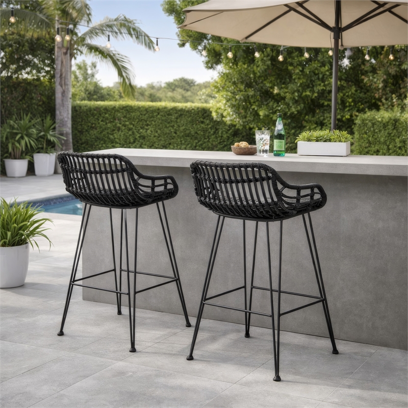 Outdoor Barstool Chair Set of 2- Low Back Woven Design- Gray and Black