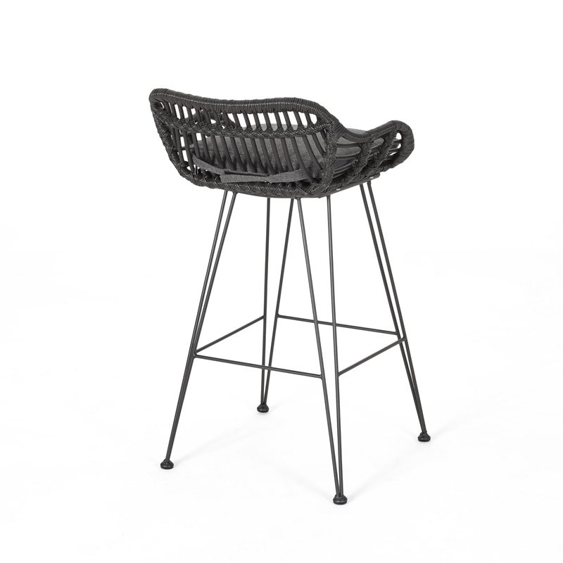 Outdoor Barstool Chair Set of 2- Low Back Woven Design- Gray and Black