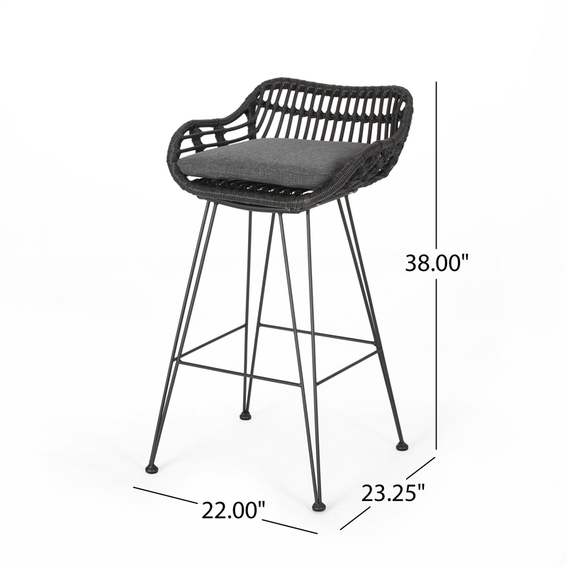 Outdoor Barstool Chair Set of 2- Low Back Woven Design- Gray and Black