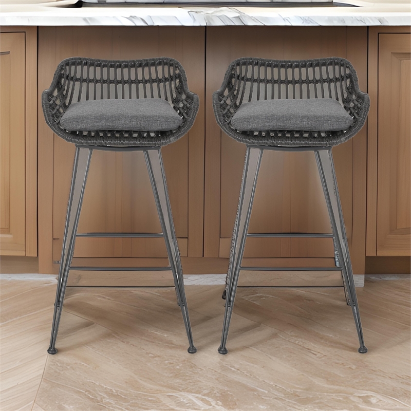 Outdoor Barstool Chair Set of 2- Low Back Woven Design- Gray and Black