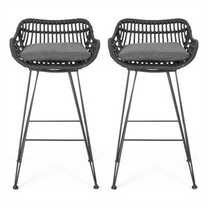 Outdoor Barstool Chair Set of 2- Low Back Woven Design- Gray and Black