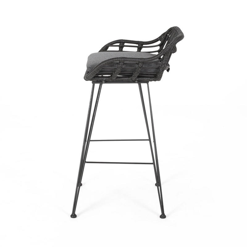 Outdoor Barstool Chair Set of 2- Low Back Woven Design- Gray and Black