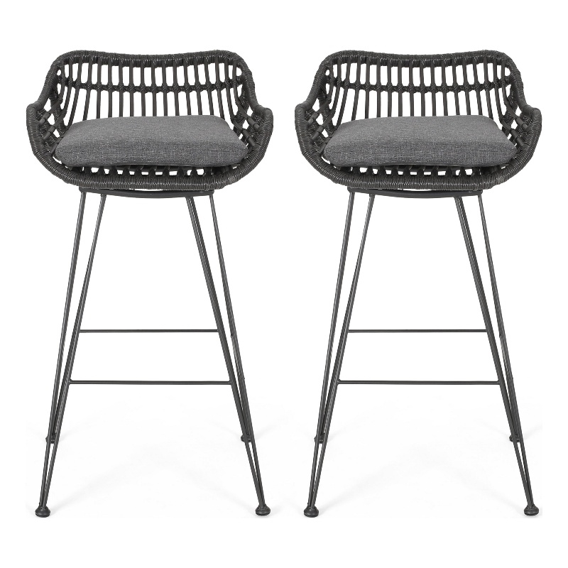 Outdoor Barstool Chair Set of 2- Low Back Woven Design- Gray and Black
