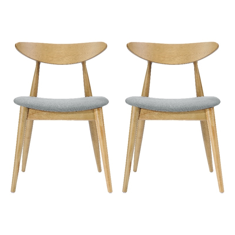 Hoso Dining Chair Set of 2- Curved- Light Gray Padded- Natural Brown