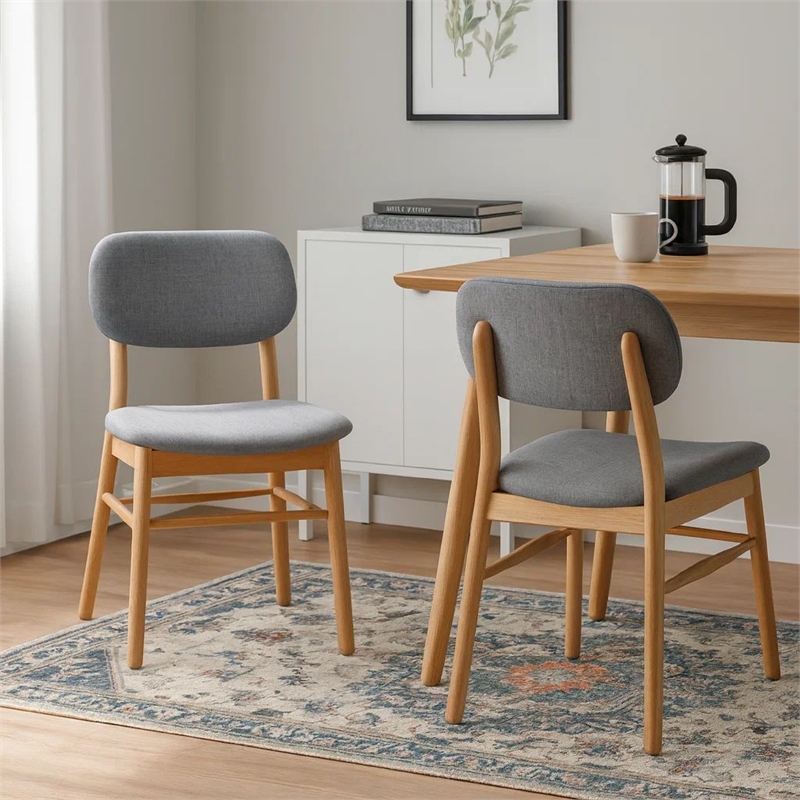 Cota Side Chair Set of 2- Gray Padded Back and Seat- Natural Brown