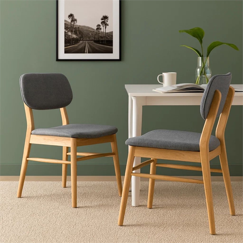 Cota Side Chair Set of 2- Gray Padded Back and Seat- Natural Brown