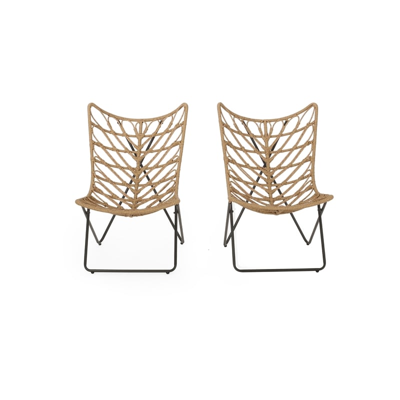 Fordy Outdoor Chair Set of 2- Curved Seat- Brown Rattan- Black Metal