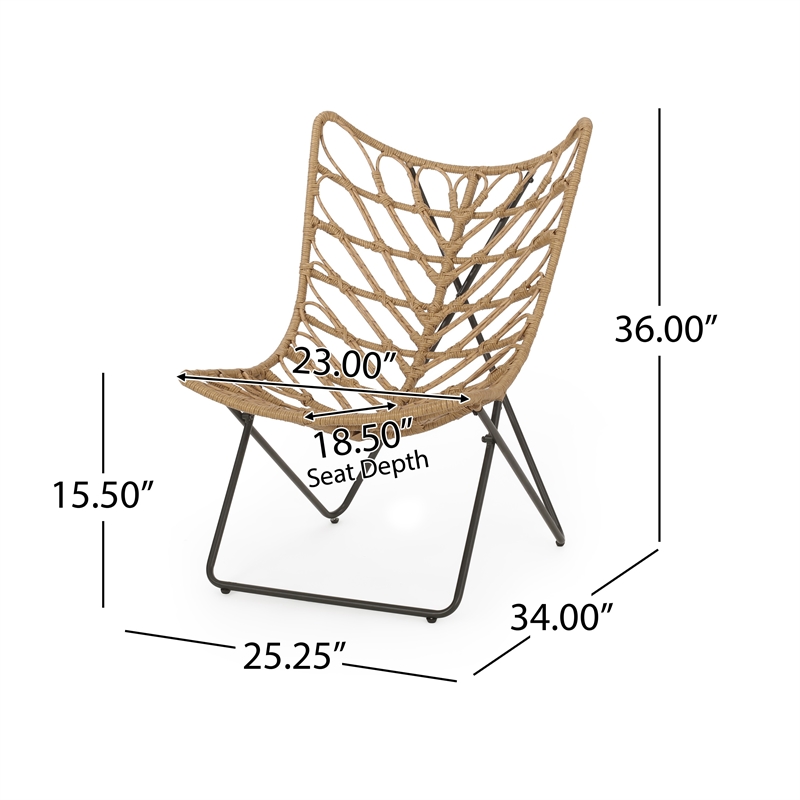 Fordy Outdoor Chair Set of 2- Curved Seat- Brown Rattan- Black Metal