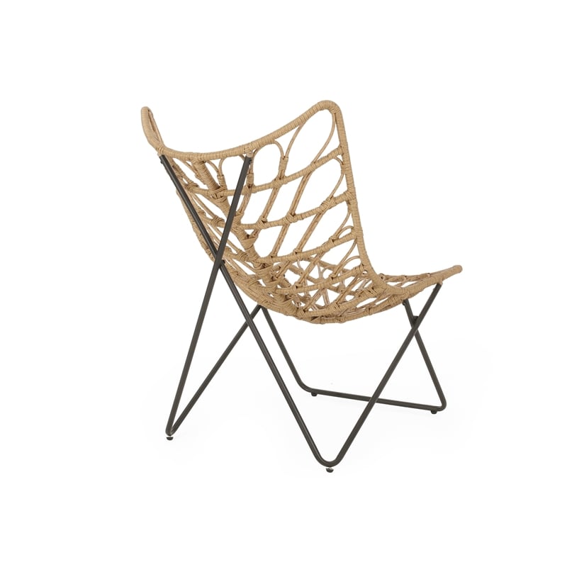 Fordy Outdoor Chair Set of 2- Curved Seat- Brown Rattan- Black Metal