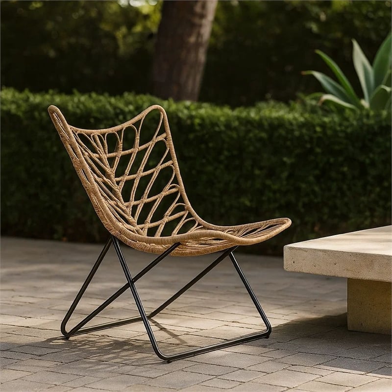 Fordy Outdoor Chair Set of 2- Curved Seat- Brown Rattan- Black Metal