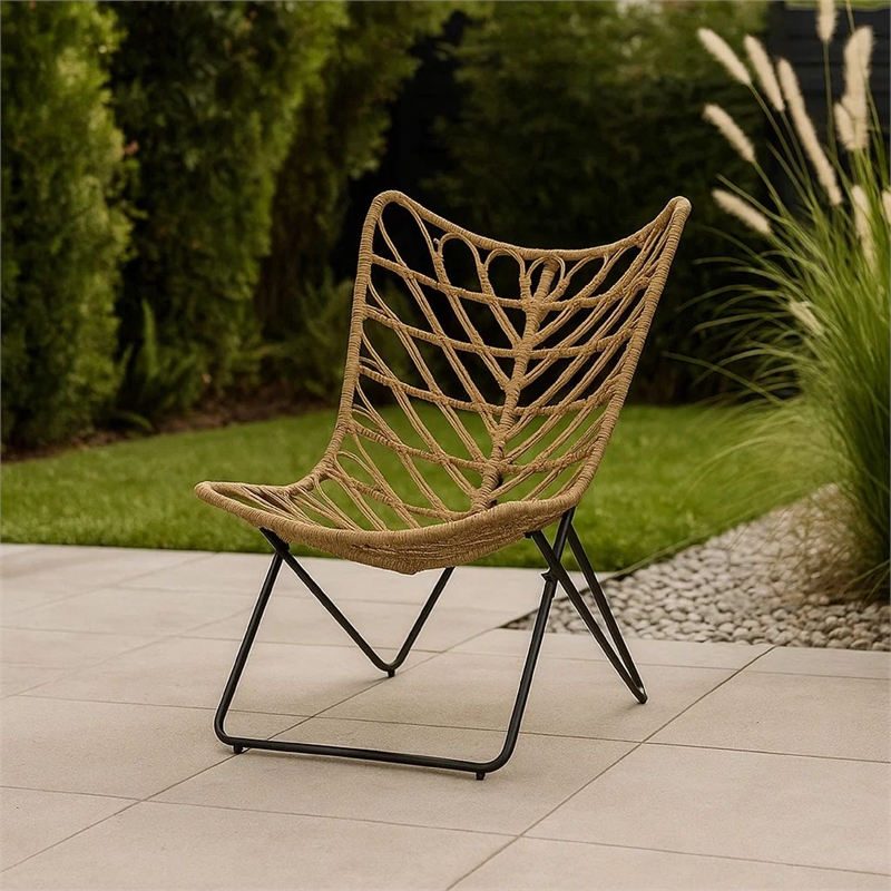Fordy Outdoor Chair Set of 2- Curved Seat- Brown Rattan- Black Metal