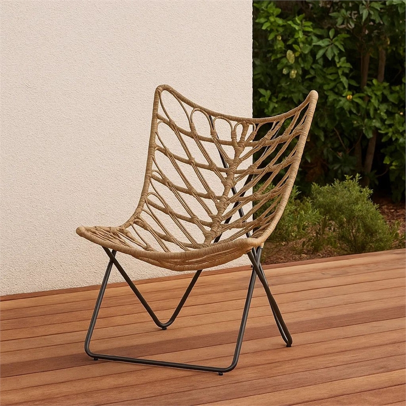 Fordy Outdoor Chair Set of 2- Curved Seat- Brown Rattan- Black Metal