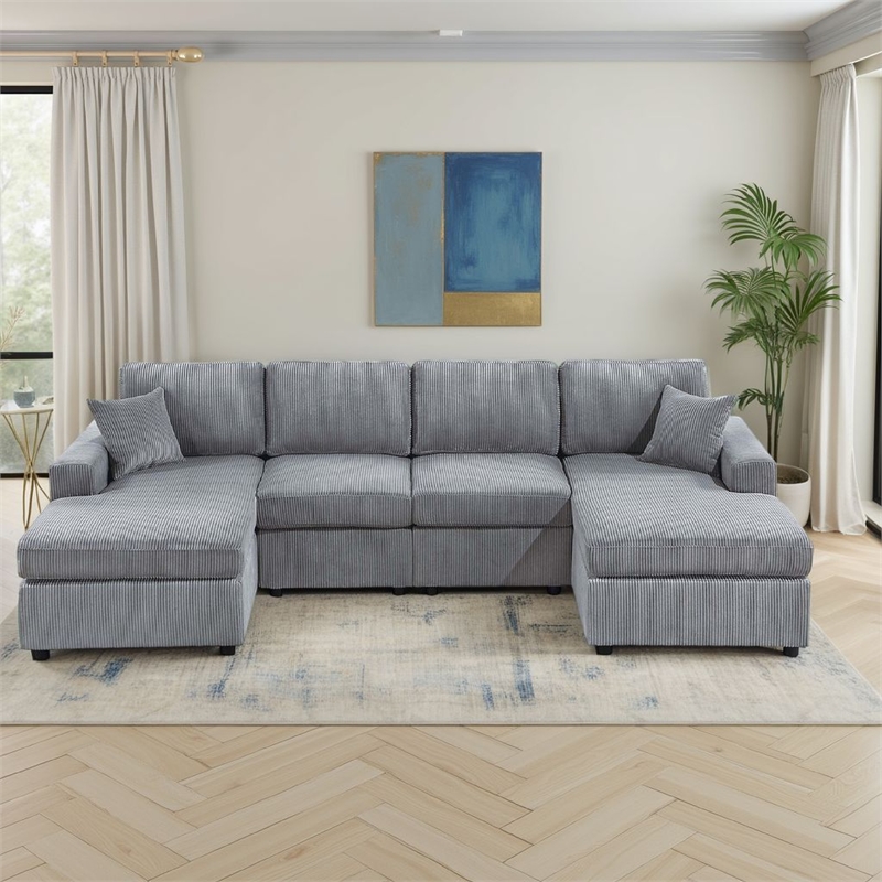 Iny U Sectional Sofa Chaise Armless Chair Set- 2 Pillows- Fog Gray