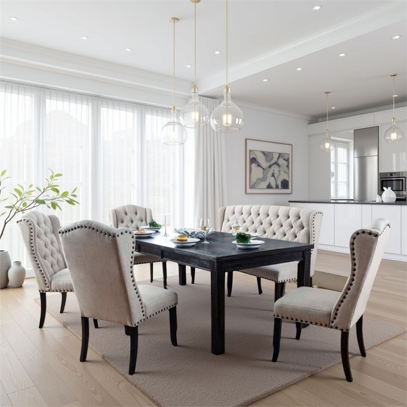 Bega 6pc Dining Table- Bench- Wingback Chair Set- Beige- Black Wood