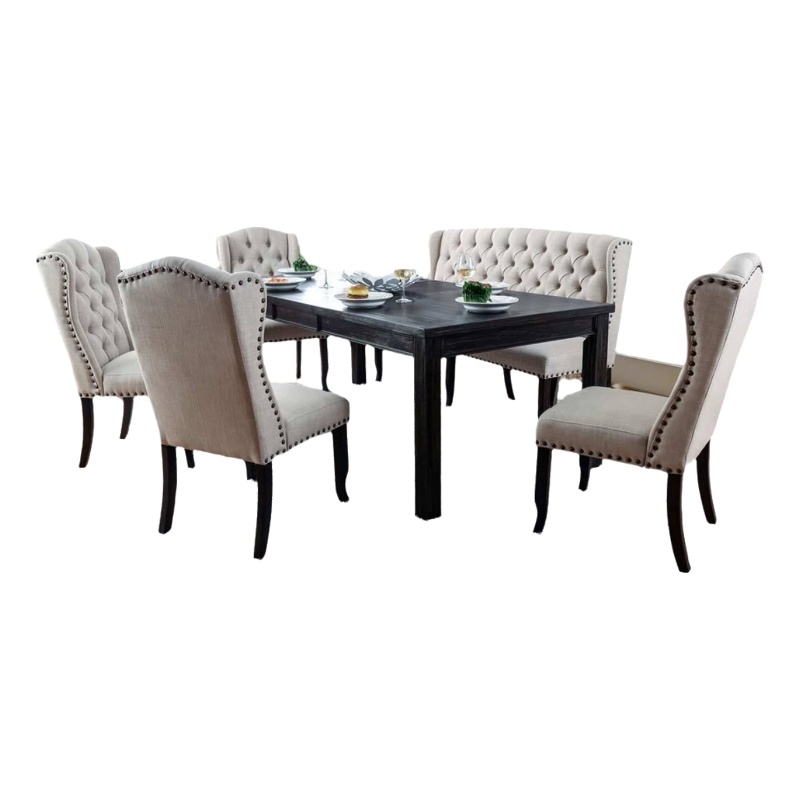 Bega 6pc Dining Table- Bench- Wingback Chair Set- Beige- Black Wood