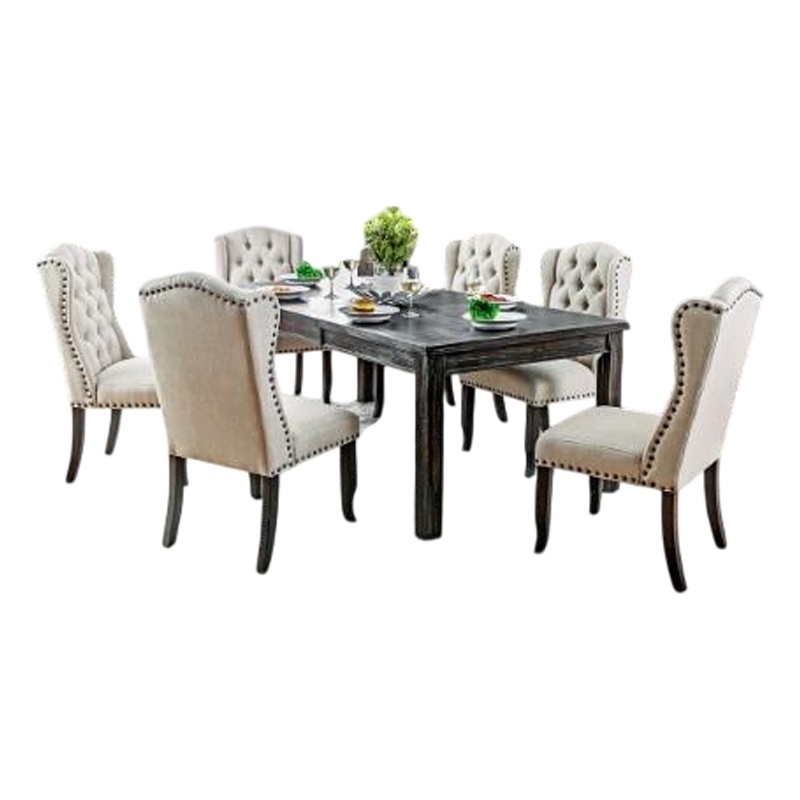 Bega 7pc Dining Table and Wingback Chair Set- Beige Linen- Black Wood