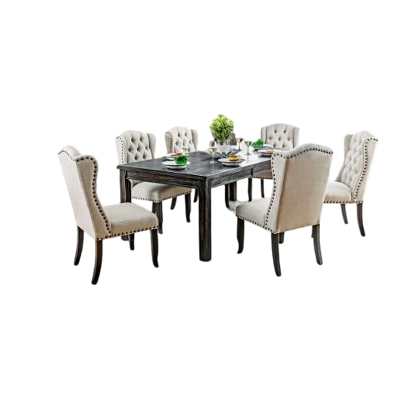 Bega 9pc Dining Table and Wingback Chair Set- Beige Linen- Black Wood