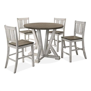 Koe 5pc Counter Height Round Table- Chair Set- White Brown Solid Wood