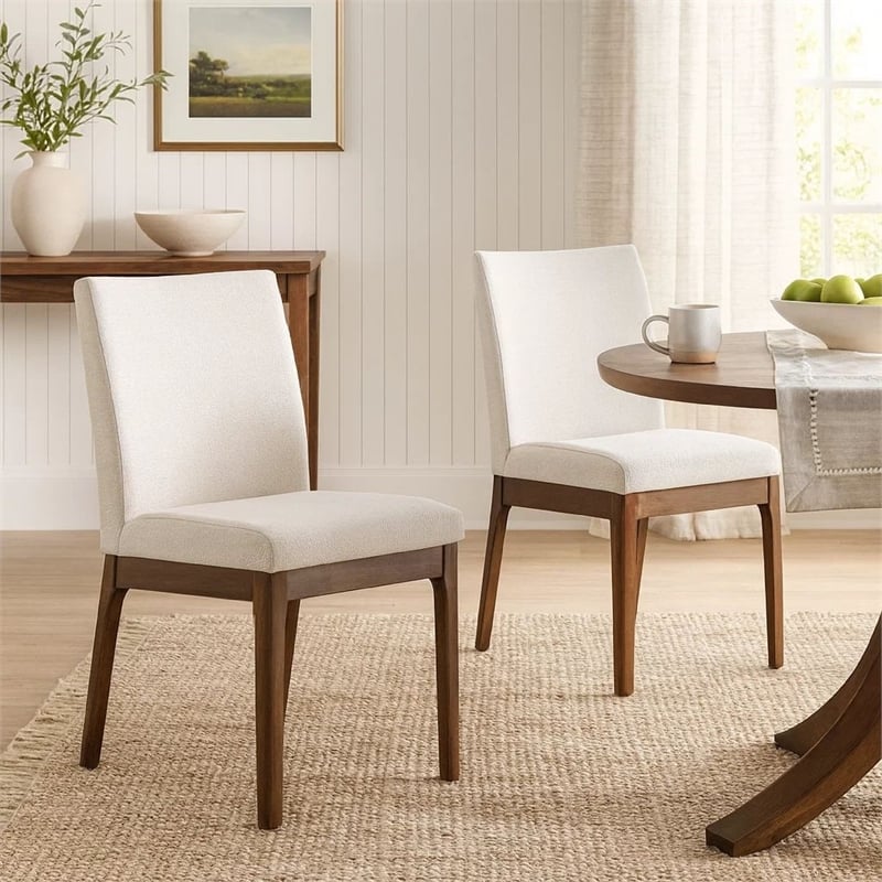 Jimi Dining Side Chair Set of 2- Light Beige Fabric- Brown Wood Legs