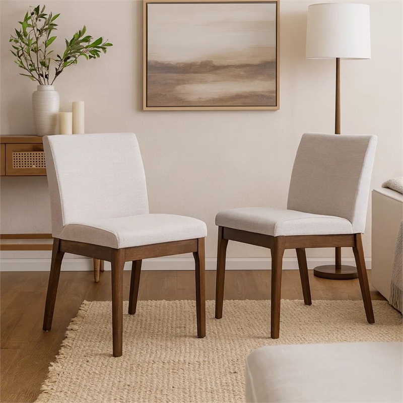 Jimi Dining Side Chair Set of 2- Light Beige Fabric- Brown Wood Legs