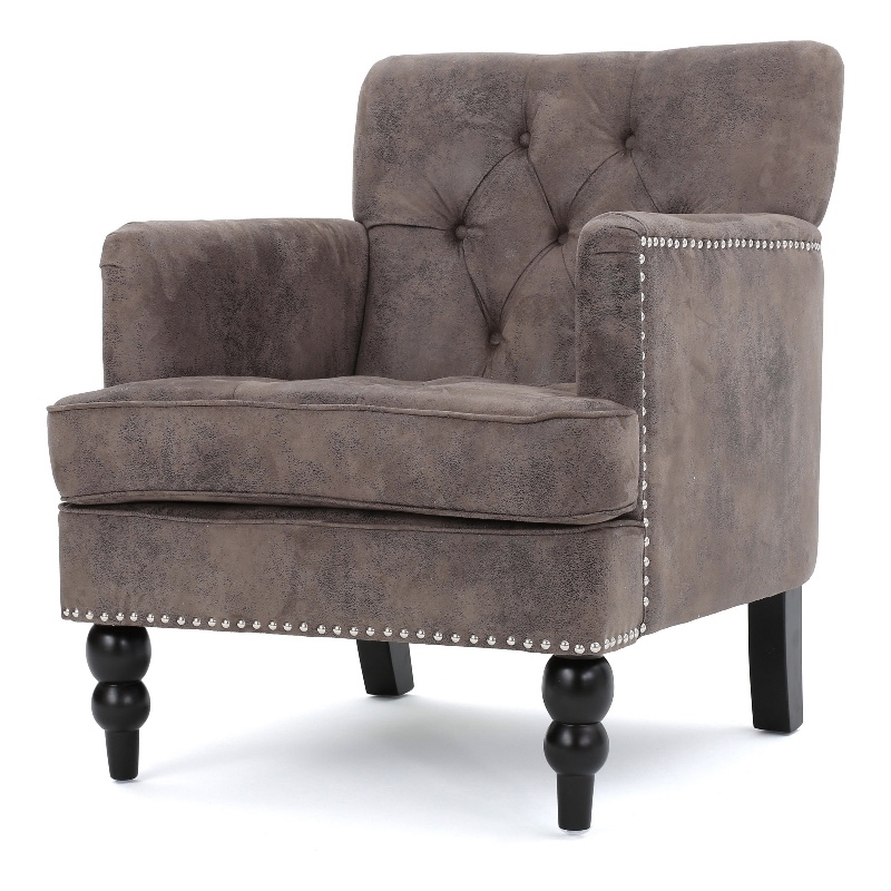 Lit Accent Chair with Gray Fabric Microfiber- Button Tufted Design