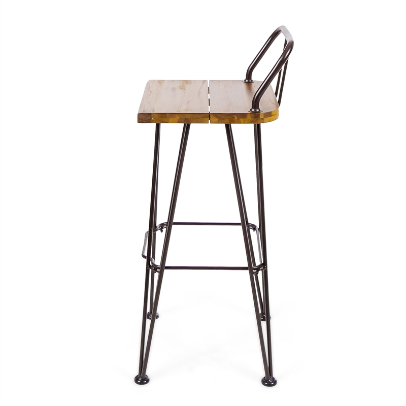 Rih Barstool Low Back Chair Set of 2- Black Metal- Brown Acacia Wood