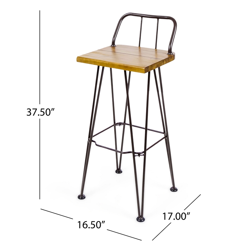 Rih Barstool Low Back Chair Set of 2- Black Metal- Brown Acacia Wood