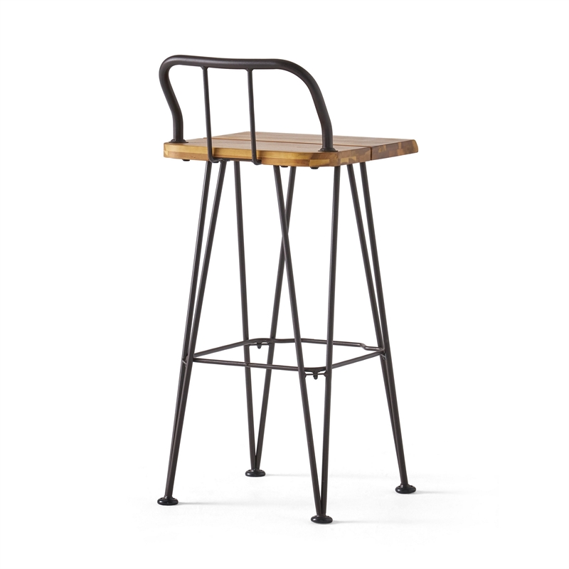 Rih Barstool Low Back Chair Set of 2- Black Metal- Brown Acacia Wood