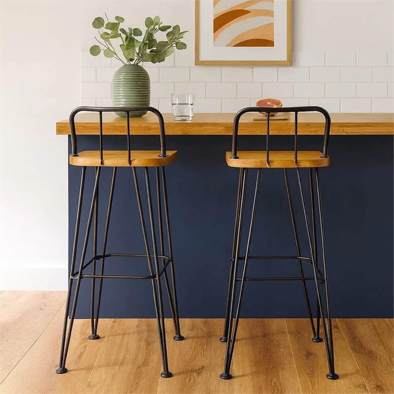 Rih Barstool Low Back Chair Set of 2- Black Metal- Brown Acacia Wood
