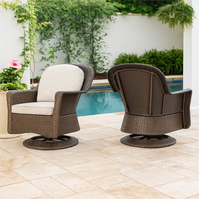 Kaia Outdoor Swivel Accent Chair Set of 2- Rattan Wicker Weave- Beige