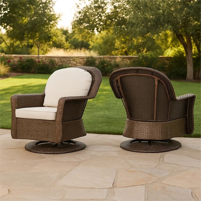 Kaia Outdoor Swivel Accent Chair Set of 2- Rattan Wicker Weave- Beige