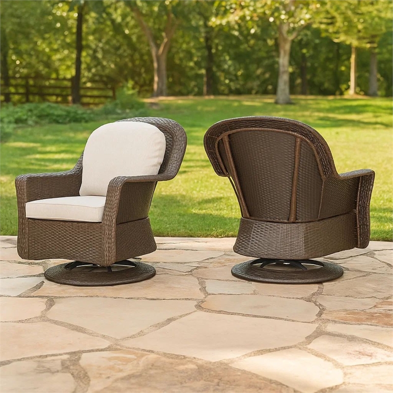 Kaia Outdoor Swivel Accent Chair Set of 2- Rattan Wicker Weave- Beige