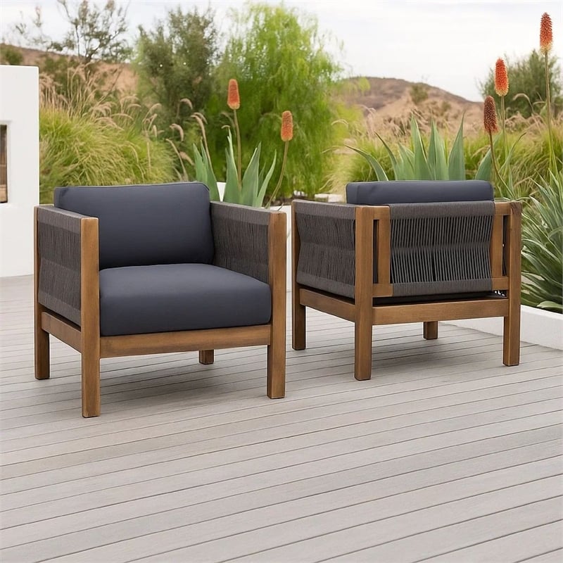 Outdoor Accent Chair Set of 2- Rope Weaving- Teak Brown Acacia Wood
