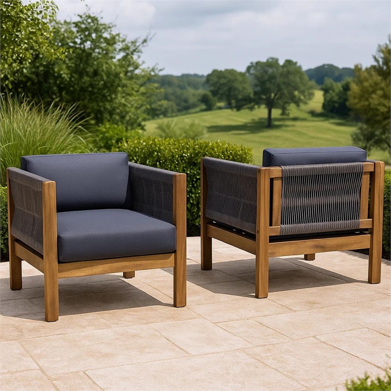 Outdoor Accent Chair Set of 2- Rope Weaving- Teak Brown Acacia Wood