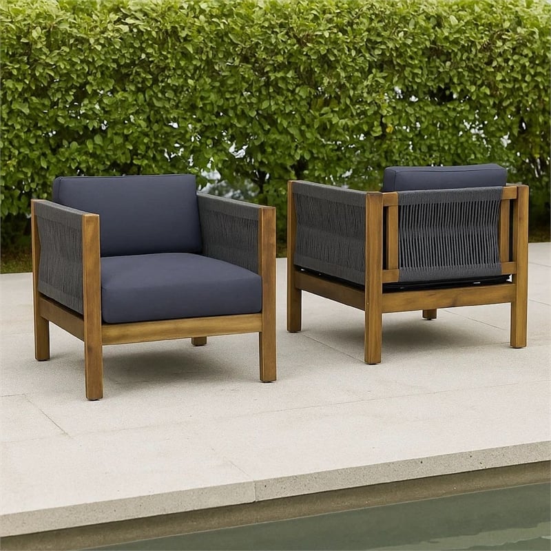 Outdoor Accent Chair Set of 2- Rope Weaving- Teak Brown Acacia Wood